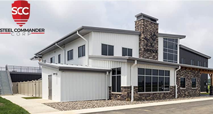 Modern steel building home kit with sleek design and durable construction. Steel Commander Corp logo — American prefab steel building manufacturer, Boca Raton, Florida