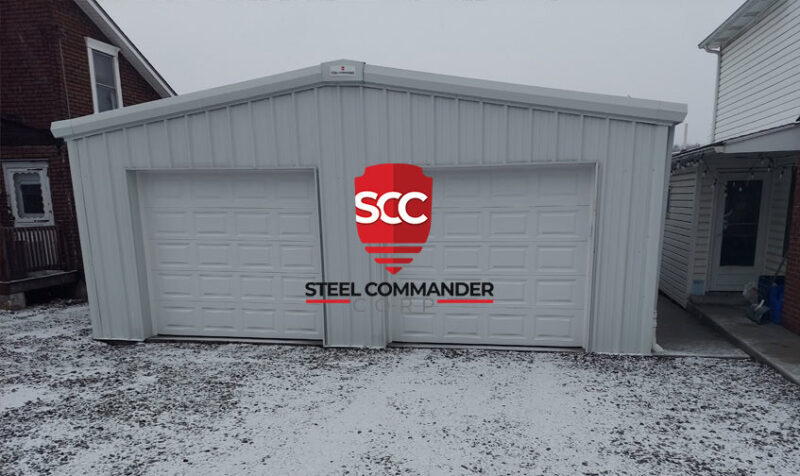 Metal building with Steel Commander logo, ideal for storage or workshop needs. Steel Building Kits for Sale — Commercial, Garage & Residential | Steel Commander Corp