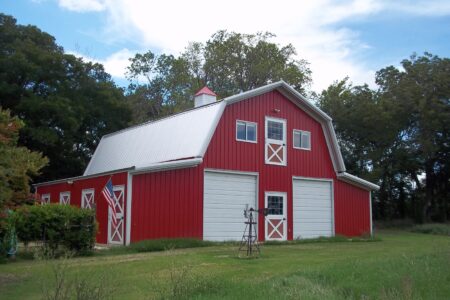 Classic Red Barn and Stable on Farm Land in Texas