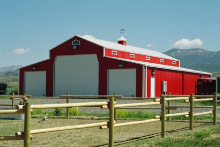 UTNT Red Barn with Pasture Large-span steel agricultural storage barn for crop and farm equipment — galvalume metal, 60-year warranty