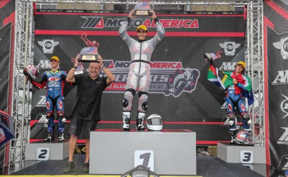 Gabriel Da Silva celebrating on the podium after his big win at the MotoAmerica Championship.
