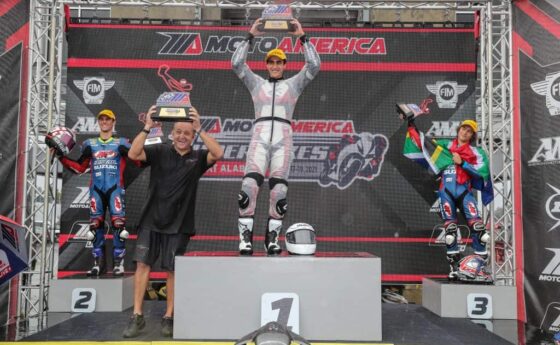 Gabriel Da Silva celebrating on the podium after his big win at the MotoAmerica Championship.