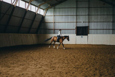 This is a girl atop her horse in a riding arena.