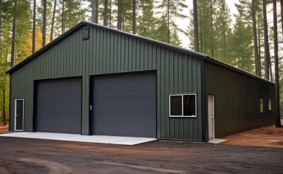Two-car steel garage building kit with dual overhead doors and side entry — prefab metal structure