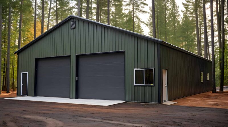 Two-car steel garage building kit with dual overhead doors and side entry — prefab metal structure