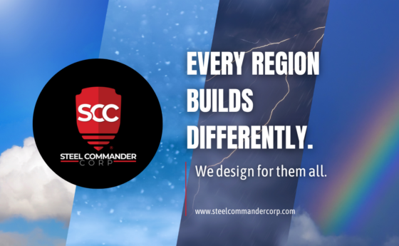 Four images of different weather conditions: rain, rainbow, snow, and sunny blue skies with clouds with the steel commander corp logo
