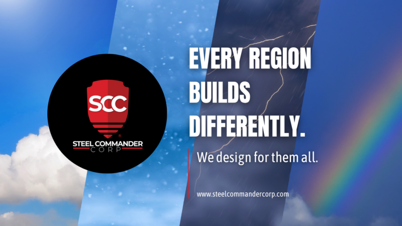 Four images of different weather conditions: rain, rainbow, snow, and sunny blue skies with clouds with the steel commander corp logo