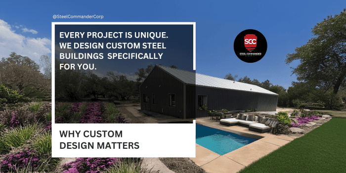 Custom steel building designed for durability and style by Steel Commander Corp.