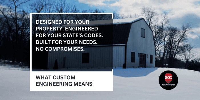 Modern steel engineering building in winter with snow-covered ground.