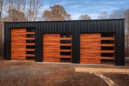 Black and wood garage doors with sleek design at Steel Commander Corp.